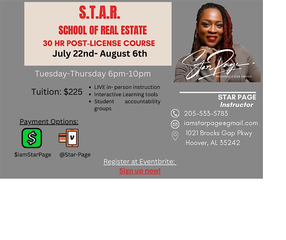 S.T.A.R School of Real Estate: 30 HR Post Licensing Course, 22 July | Event in Hoover | AllEvents