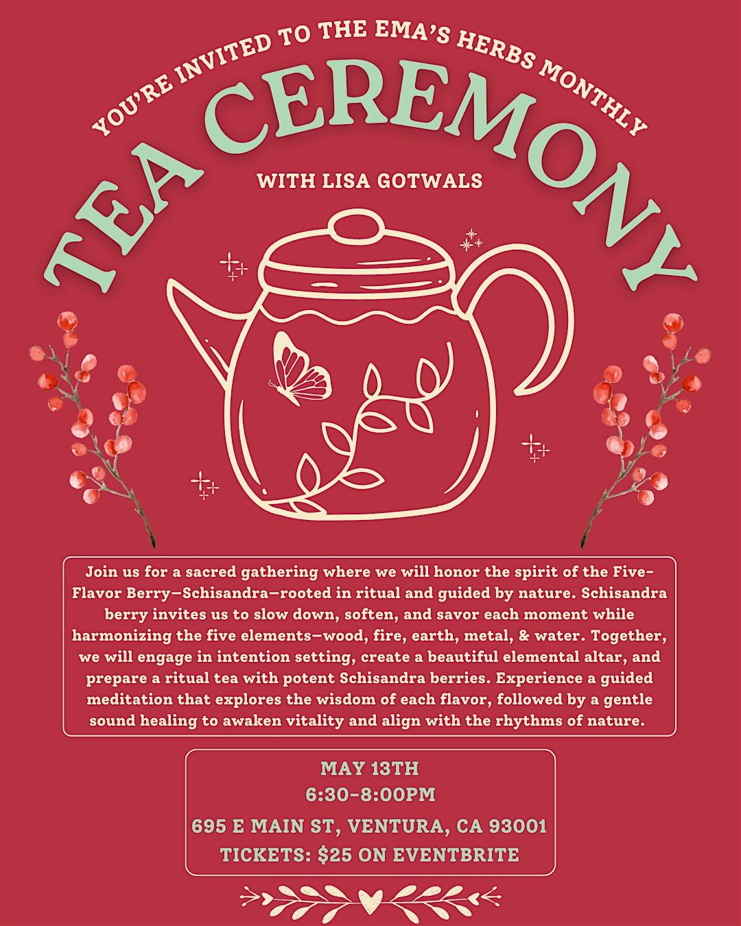 May Tea Ceremony: Schisandra and Gentle Sound Healing with Lisa Gotwals, 13 May | Event in Ventura | AllEvents