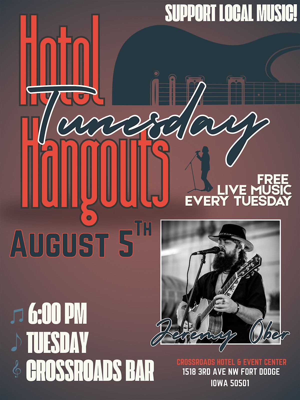 TUNESday Hotel Hangout with Jeremy Ober, 5 August | Event in Fort Dodge | AllEvents