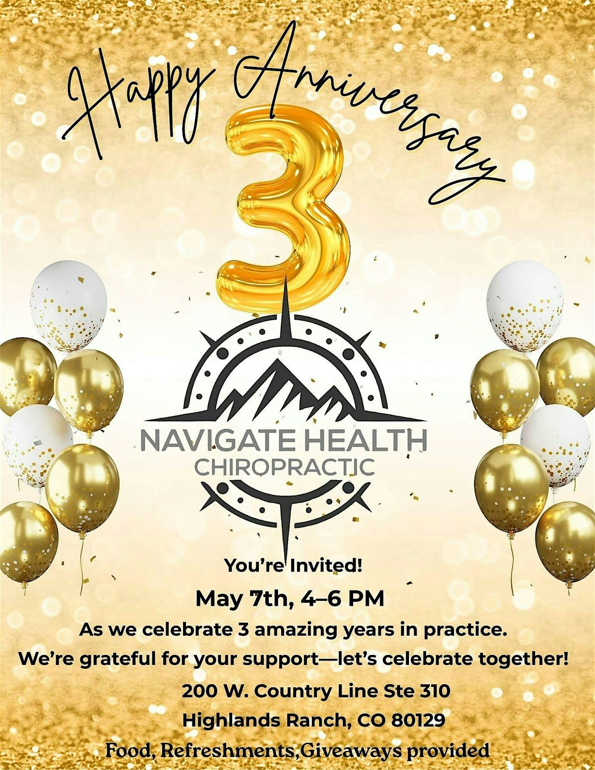 Navigate Health Chiropractic 3 year anniversary event, 7 May | Event in Littleton | AllEvents