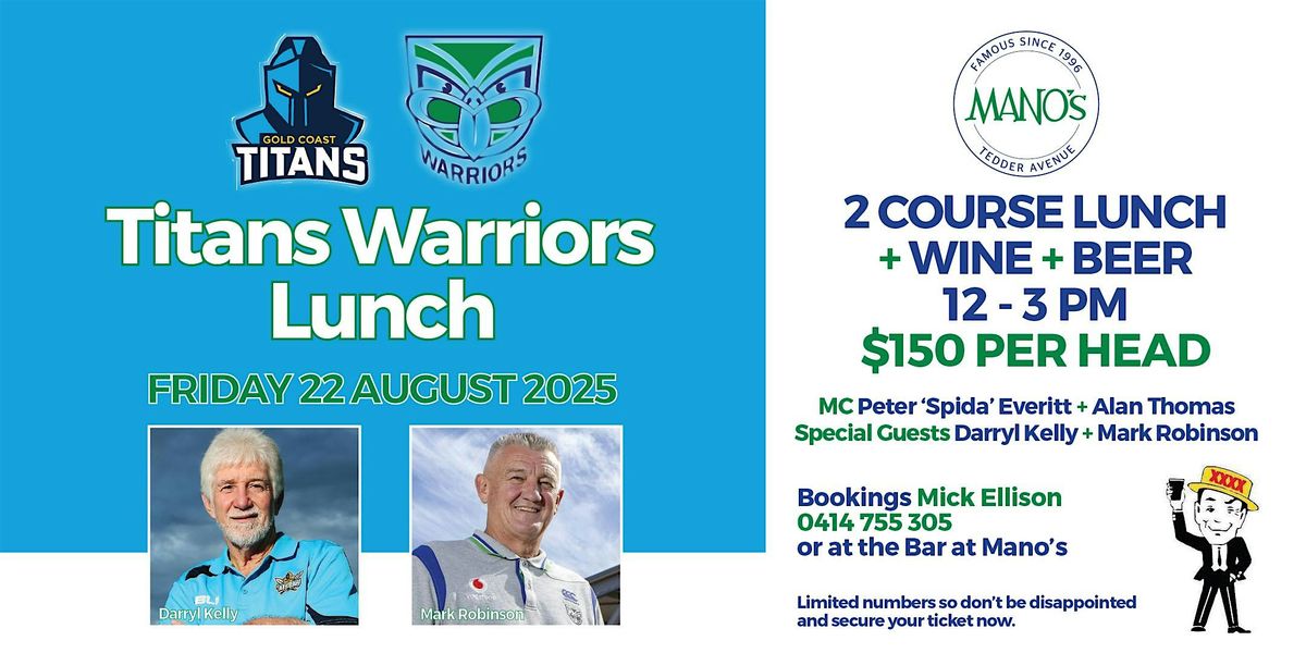'Titans Warriors Lunch' at Mano's Friday Aug 22nd 2025, 22 August | Event in Main Beach | AllEvents