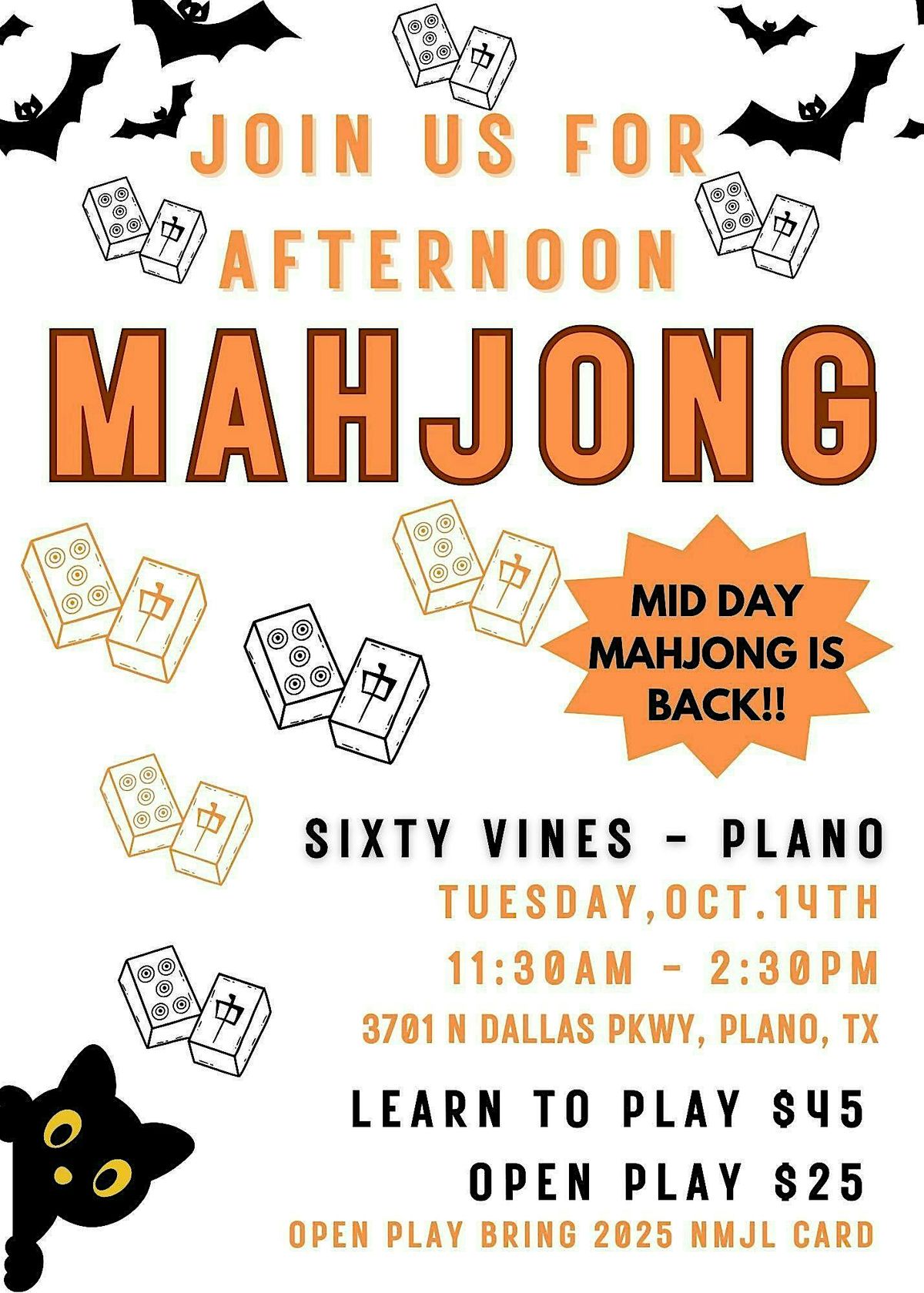 Mid-Day Mahjong @ Sixty Vines Plano OCT 14TH, 14 October | Event in Plano | AllEvents