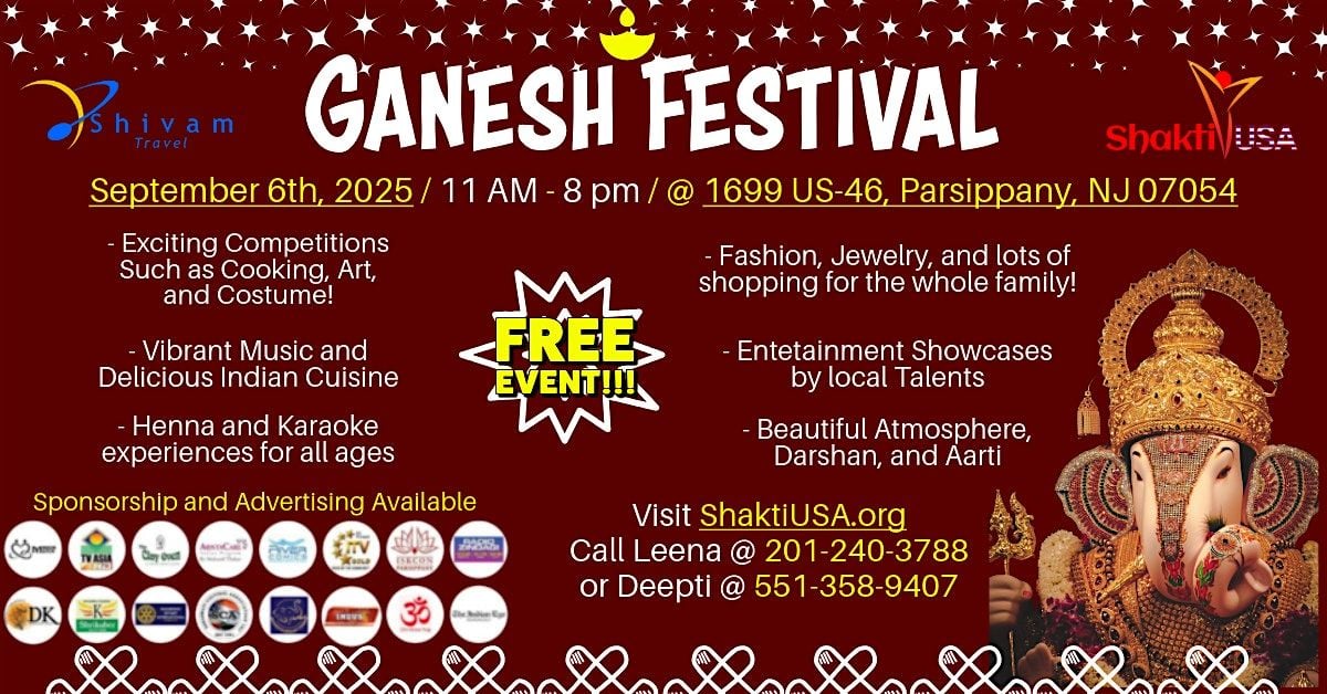 Parsippany's Fifth Annual Ganesh Festival & Utsav 2025!!!, 6 September | Event in Parsippany-Troy Hills