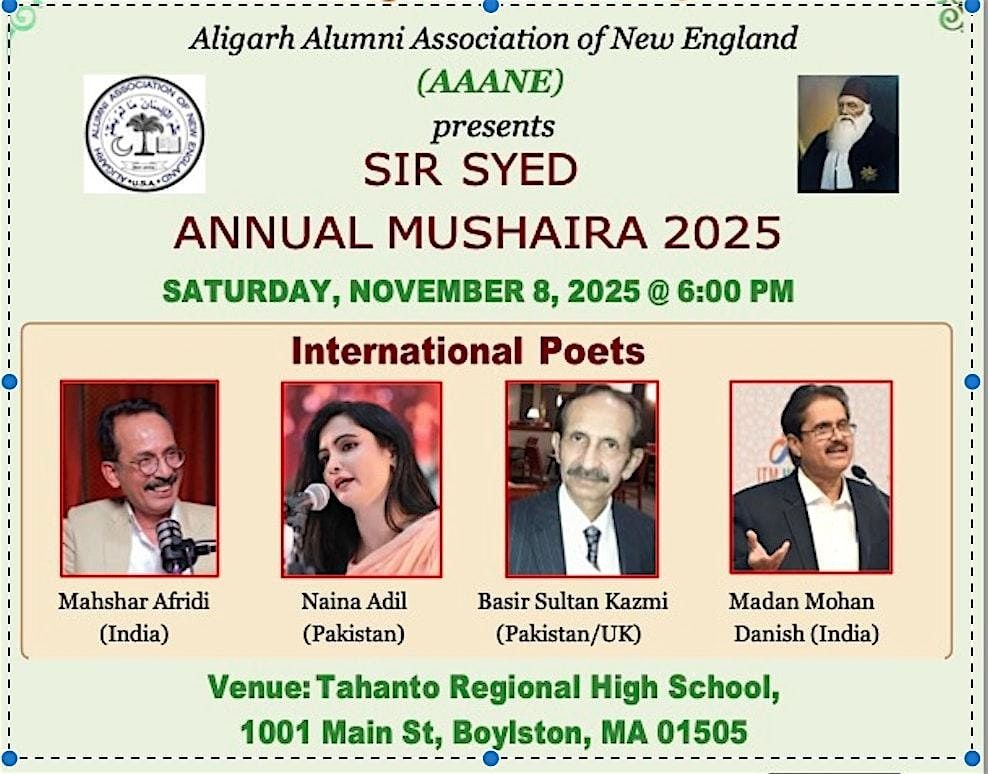 Aligarh Alumni Association of New England (AAANE) Annual MUSHAIRA 2025, 8 November | Event in Boylston | AllEvents