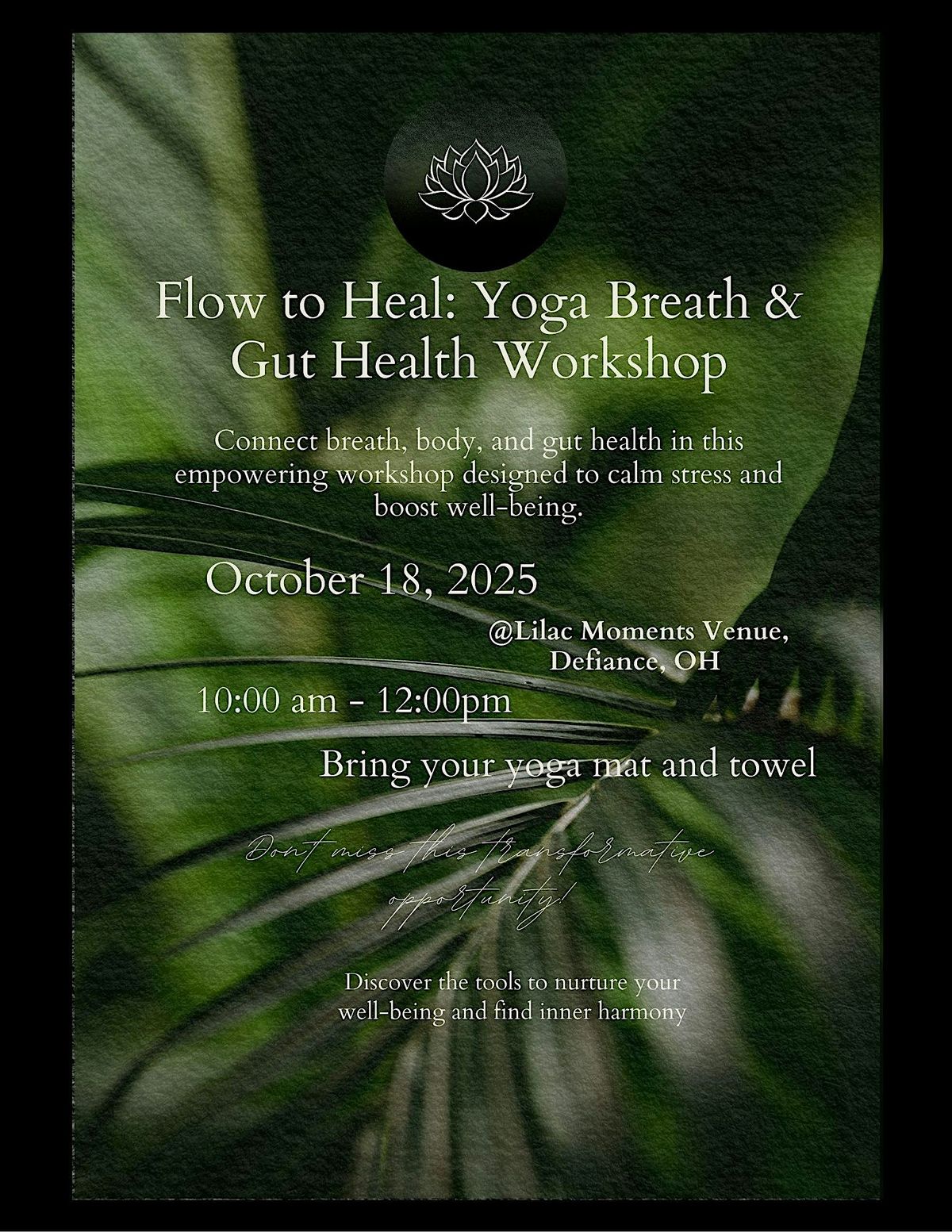 Flow to Heal: Yoga Breath & Gut Health Workshop, 18 October | Event in Defiance | AllEvents