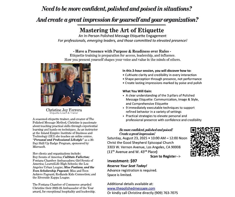 Mastering the Art of Etiquette-A Live PME Experience with Christine Ferrera, 23 August | Event in Los Angeles
