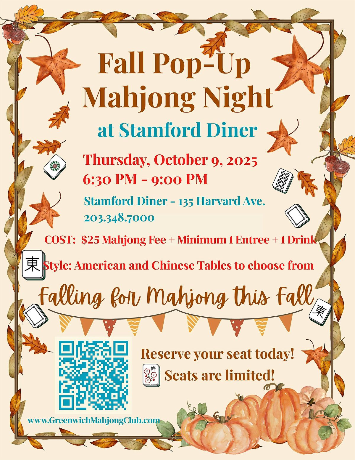Fall POP-UP Mahjong at Stamford Diner (hosted by Greenwich Mahjong Club), 9 October | Event in Stamford | AllEvents