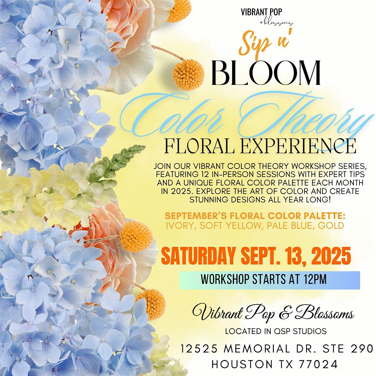 Vibrant Pop & Blossoms  *Sip n Bloom* Floral Workshop, 13 September | Event in Houston | AllEvents