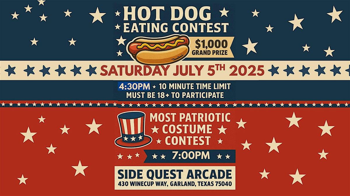 Side Quest Arcade Celebrate Independence Day! Hot Dog Eating Contest!, 5 July | Event in Garland | AllEvents