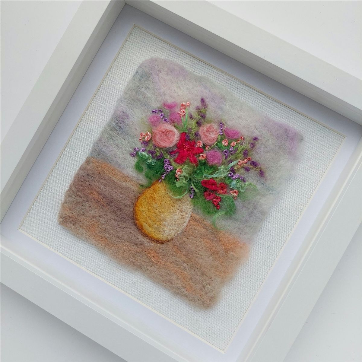 Felted Flower Vase- needle felted and embroidered picture