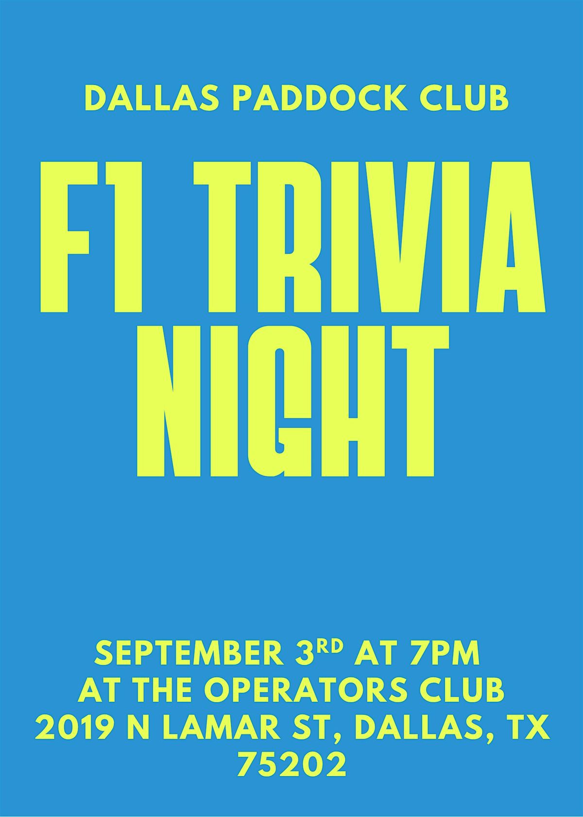 F1 TRIVIA NIGHT WITH DALLAS PADDOCK CLUB, 3 September | Event in Dallas | AllEvents