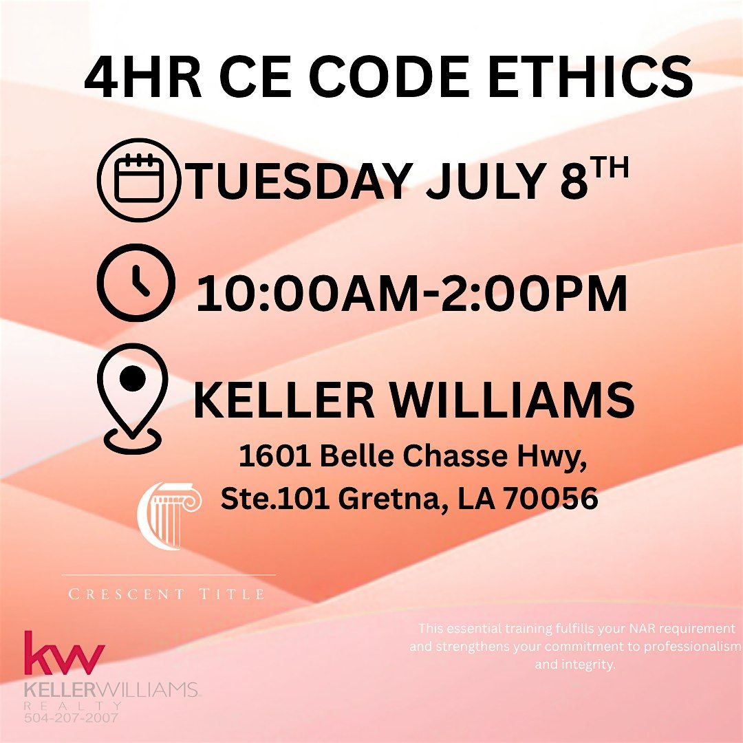 4 Hour CE Code of Ethics, 8 July | Event in Terrytown | AllEvents