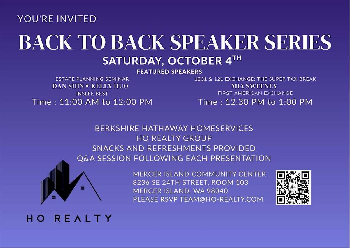 Back to Back Speaker Series, 4 October | Event in Mercer Island | AllEvents