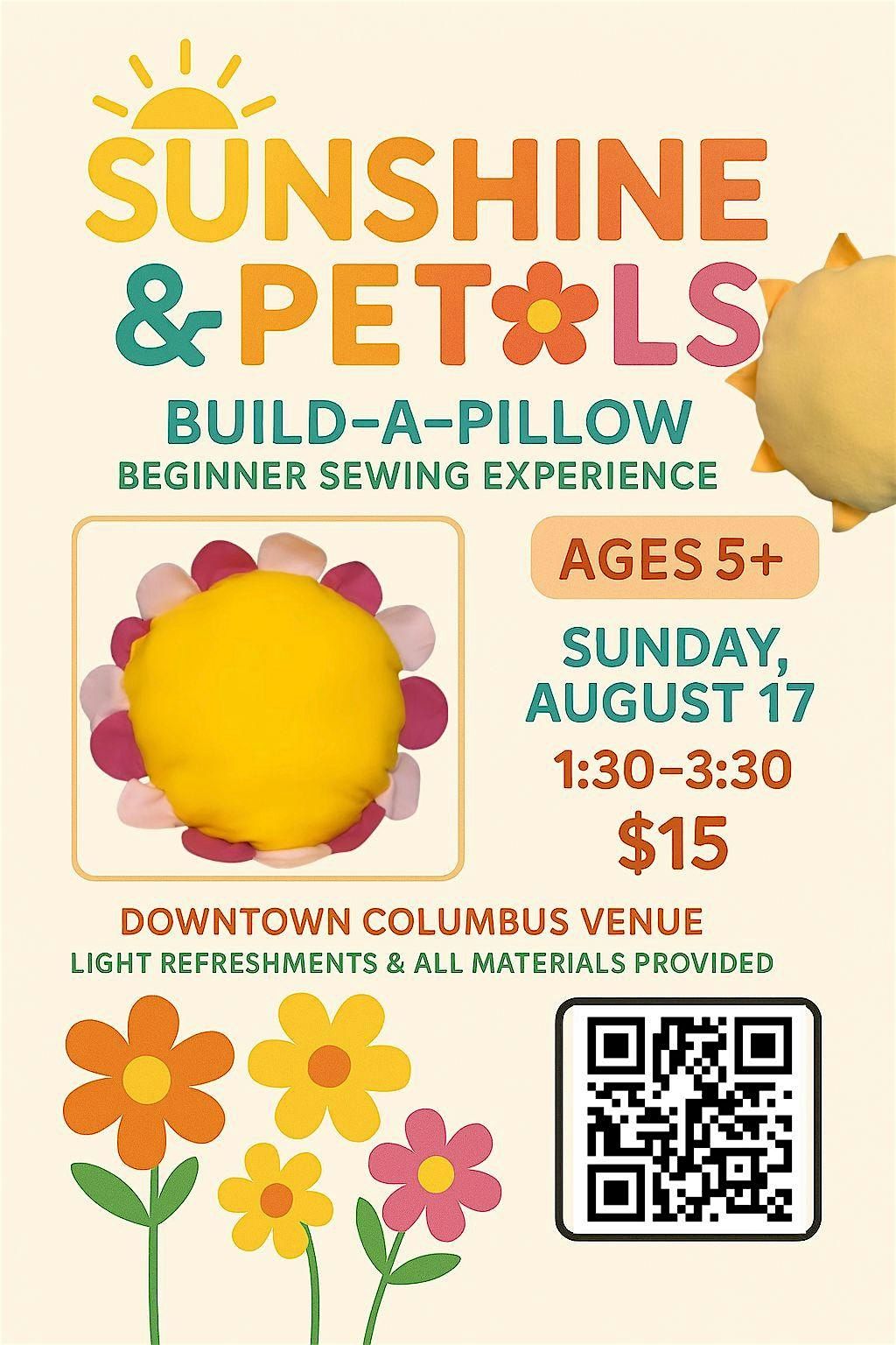 Sunshine & Petals: Build - A - Pillow Kid-Friendly Sewing Experience, 17 August | Event in Columbus | AllEvents
