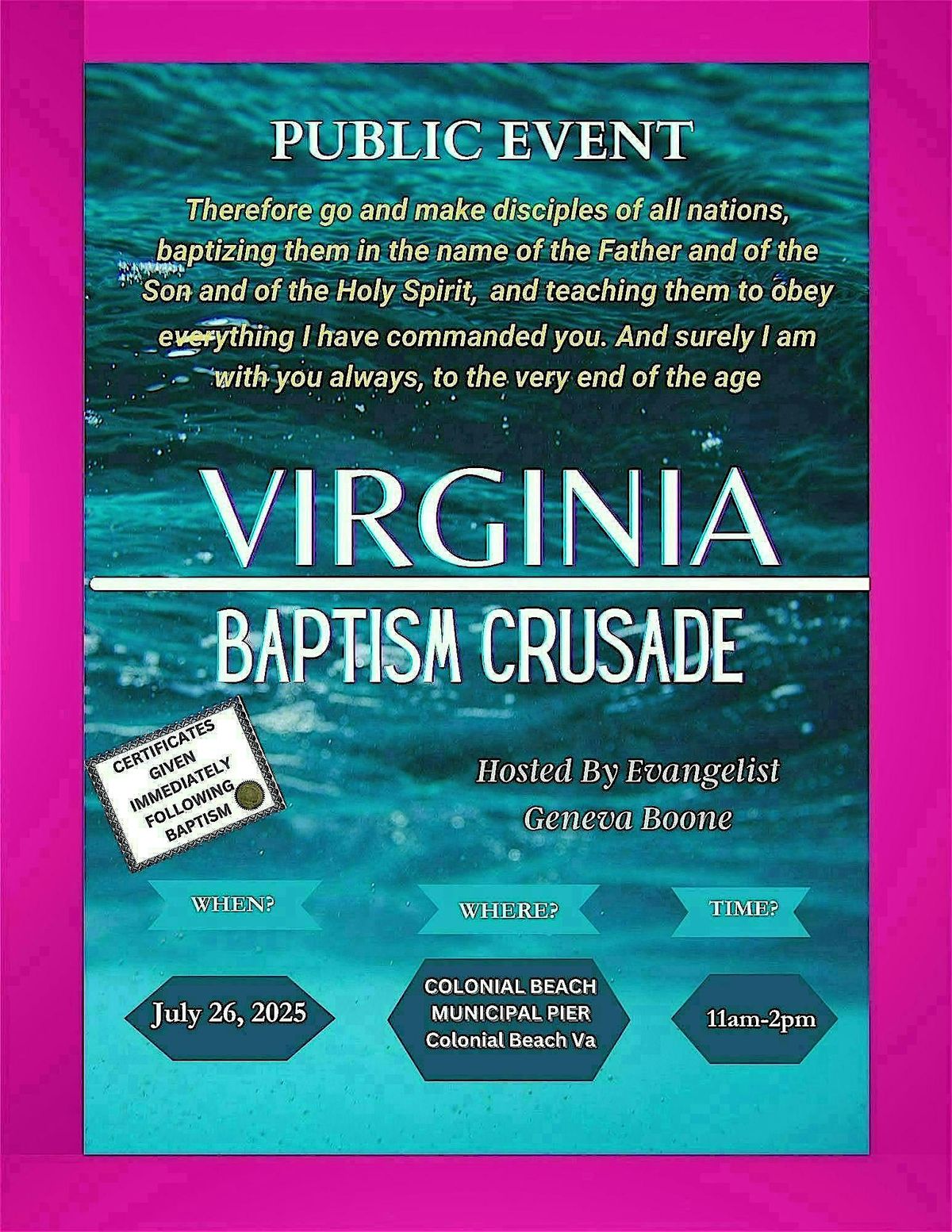 VIRGINIA BAPTISM CRUSADE, 26 July | Event in Colonial Beach | AllEvents