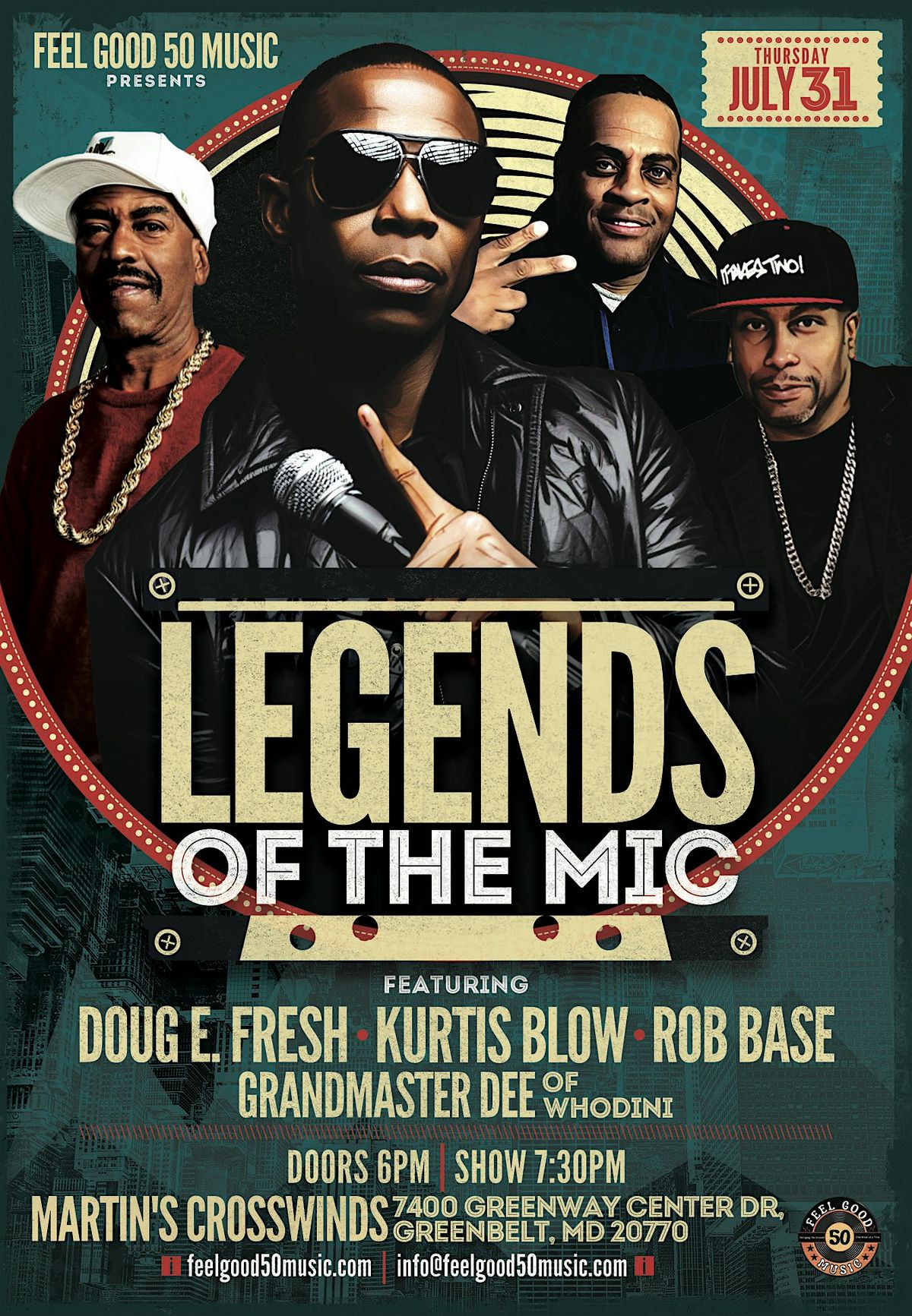 Legends of the Mic - Doug E. Fresh,  Kurtis Blow, Rob Base, Dee of Whodini, 31 July | Event in Greenbelt | AllEvents