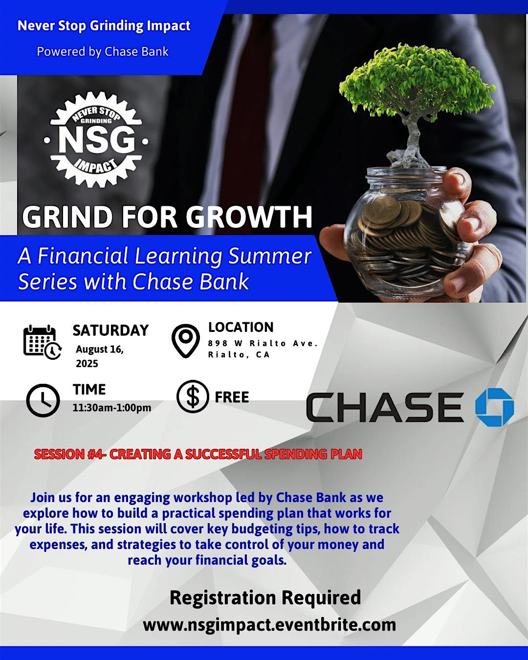 Grind for Growth: A Financial Learning Summer Series with Chase Bank, 16 August | Event in Rialto | AllEvents