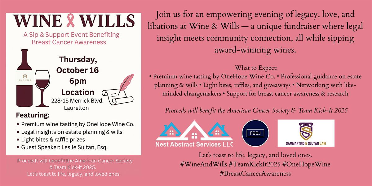 Wine & Wills — A Sip & Support Event Benefiting Breast Cancer Awareness, 16 October | Event in Queens