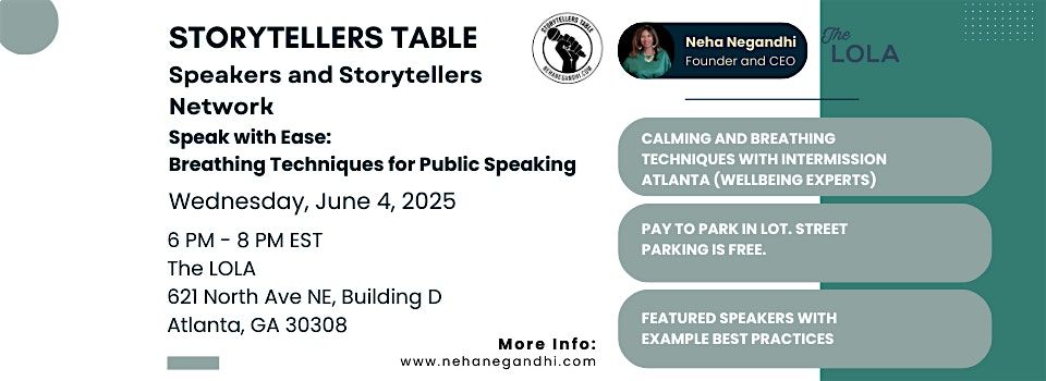 Storytellers Table - Speak Well: Breathing Techniques for Public Speaking, 4 June | Event in Atlanta | AllEvents