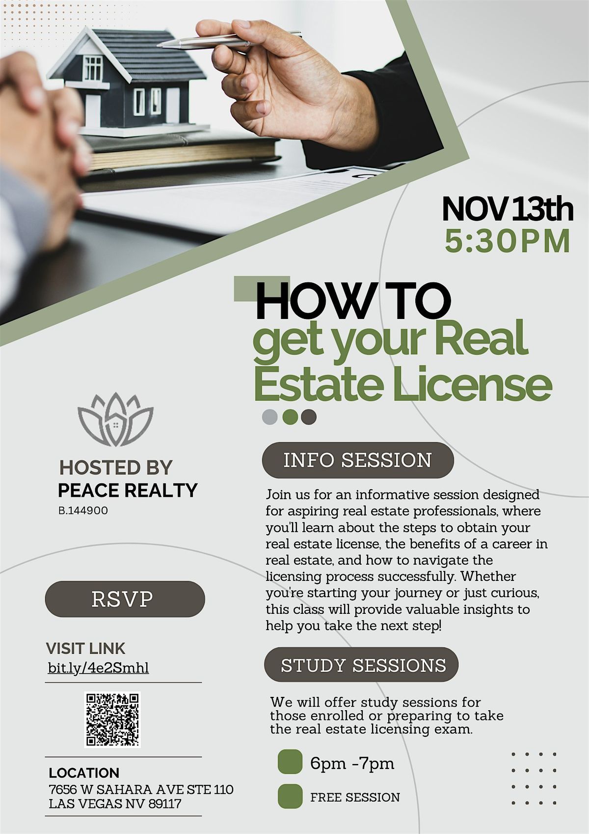 HOW TO GET YOUR REAL ESTATE LICENSE & STUDY SESSION, PEACE REALTY, Las