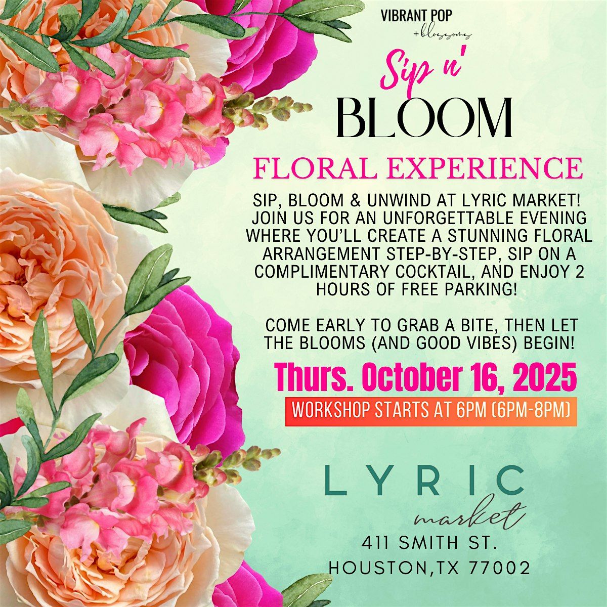 Vibrant Pop & Blossoms  *Sip n Bloom* Floral Experience Workshop, 14 November | Event in Houston | AllEvents
