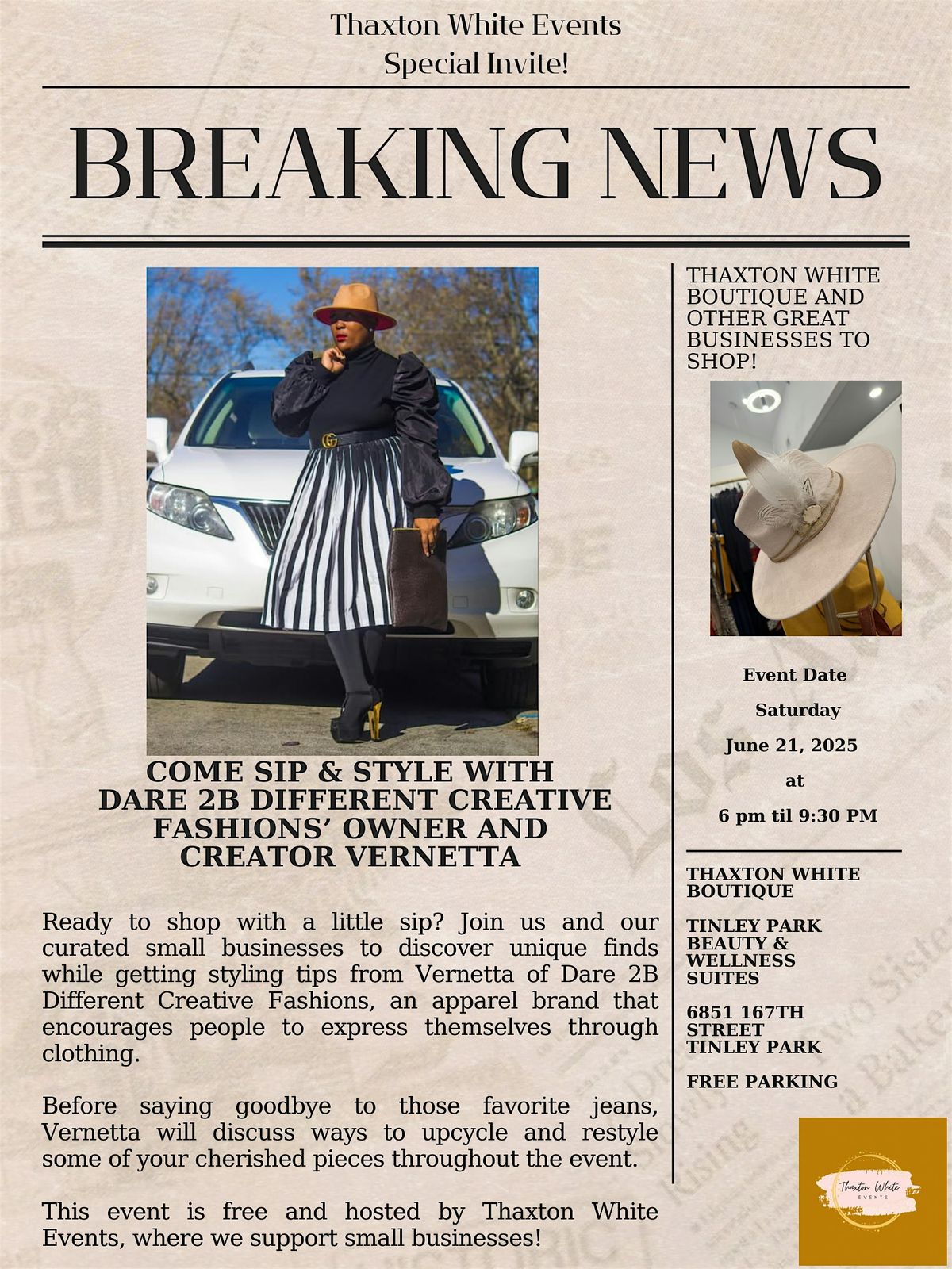 Thaxton White Events hosts Sip & Style with Dare 2B Different Creative!, 21 June | Event in Tinley Park