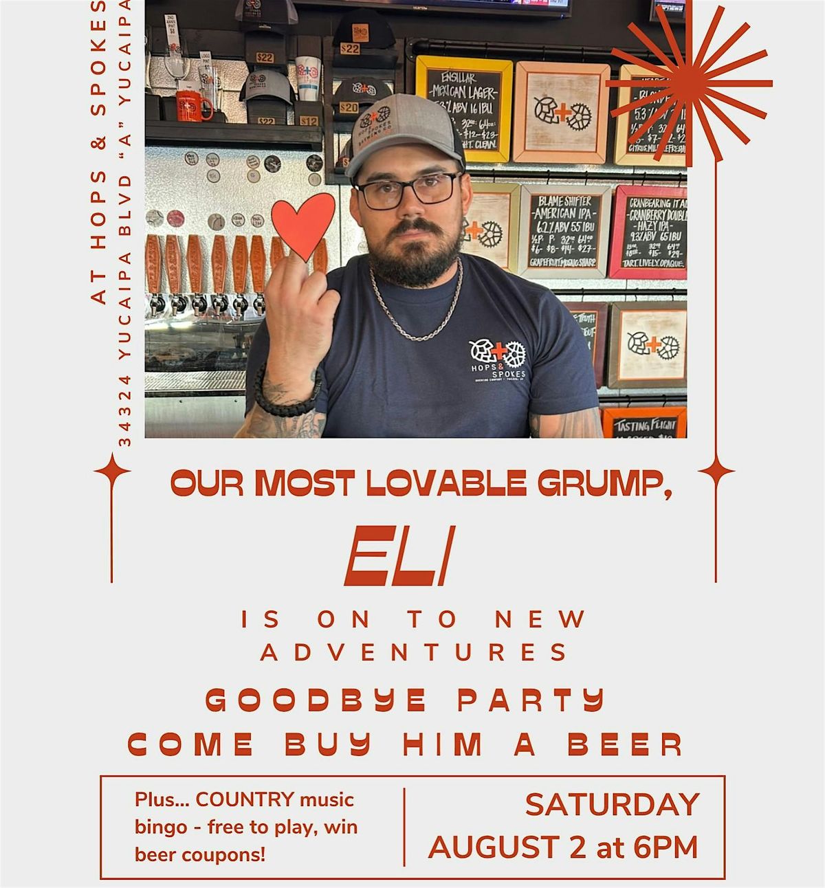 Eli's goodbye party + Country Music Bingo at Hops & Spokes Brewing Co, 2 August | Event in Yucaipa | AllEvents