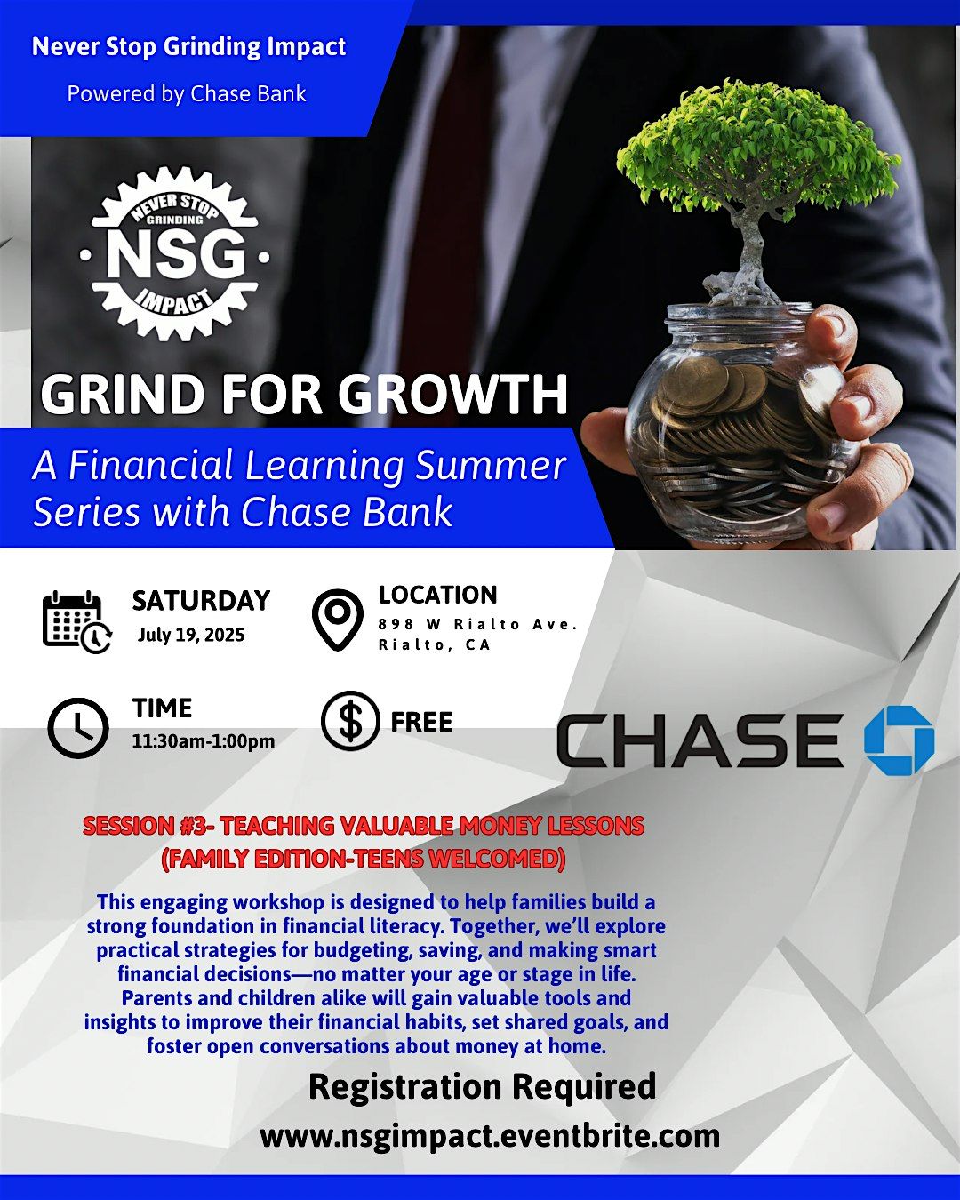 Grind for Growth: A Financial Learning Summer Series with Chase Bank, 19 July | Event in Rialto | AllEvents