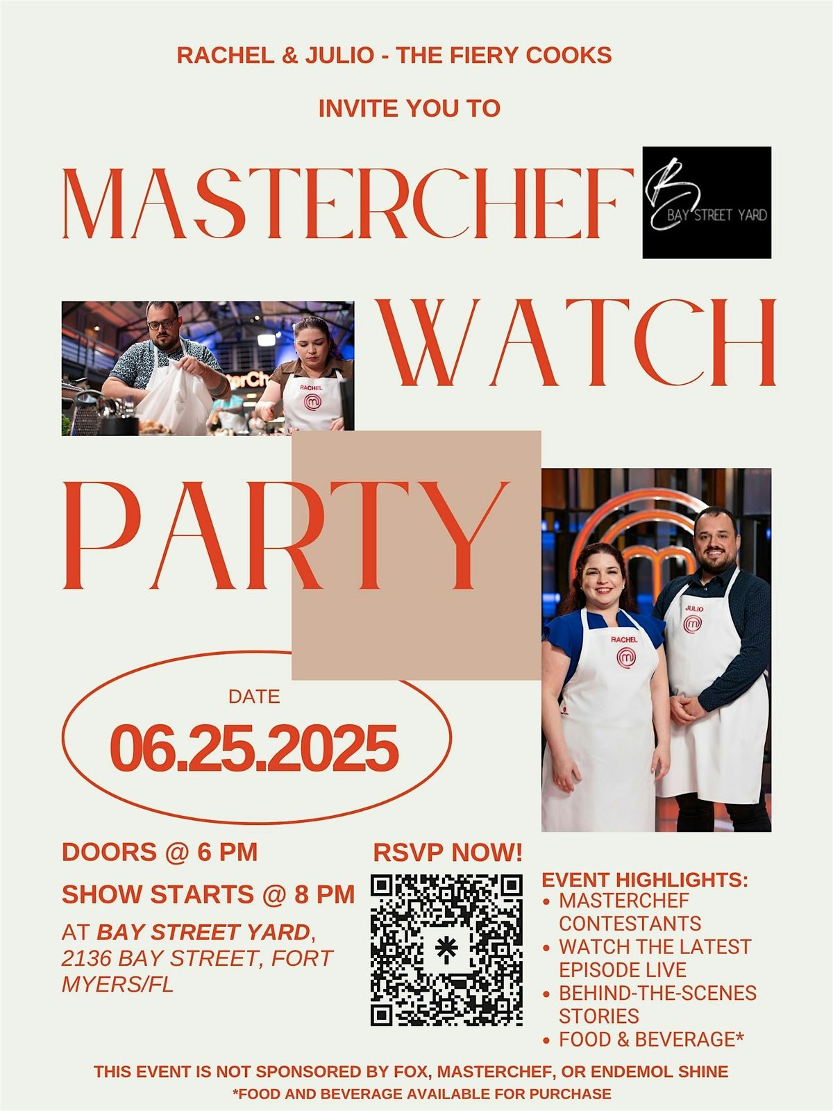 MASTERCHEF WATCH PARTY - w/ Contestants Rachel & Julio, 25 June | Event in Fort Myers | AllEvents