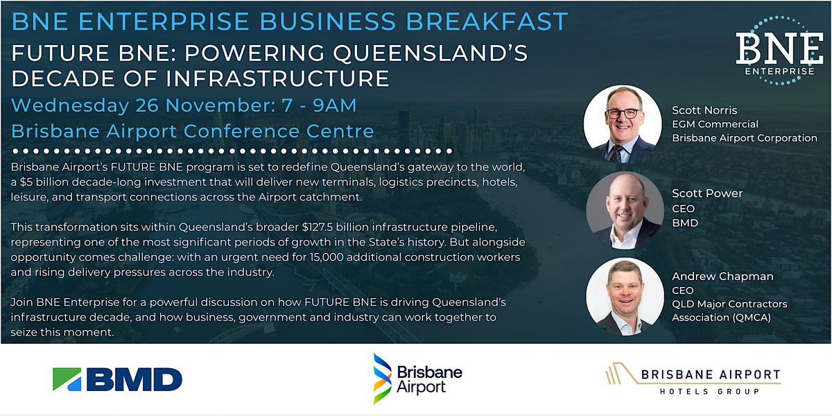 BNE Enterprise B'fast: FUTURE BNE - Powering QLD’s Decade of Infrastructure, 26 November | Event in Brisbane Airport