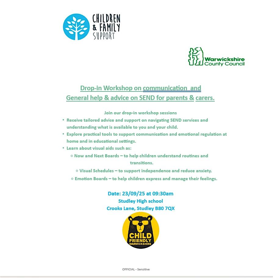 Drop-in Workshop around communication  and General help & advice on SEND, 23 September | Event in Studley