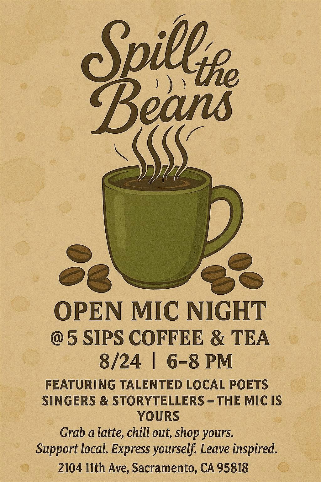 Spill The Beans Open Mic, 24 August | Event in Sacramento | AllEvents