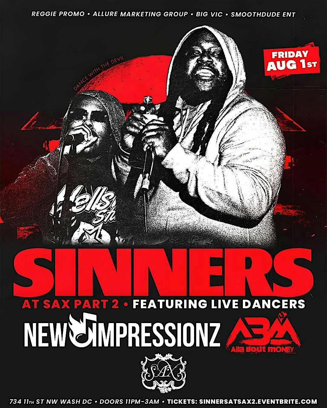 SINNERS AT SAX PART 2 NEW IMPRESSIONZ + ABM, 1 August | Event in Washington | AllEvents