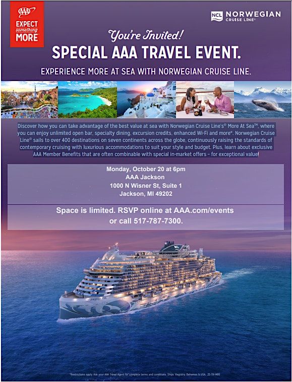 Experience More at Sea with Norwegian Cruise Line and AAA Travel, 20 October | Event in Jackson | AllEvents
