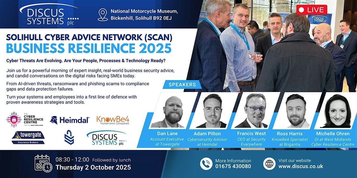 Solihull Cyber Advice Network (SCAN) Business Resilience 2025, 2 October | Event in Solihull | AllEvents
