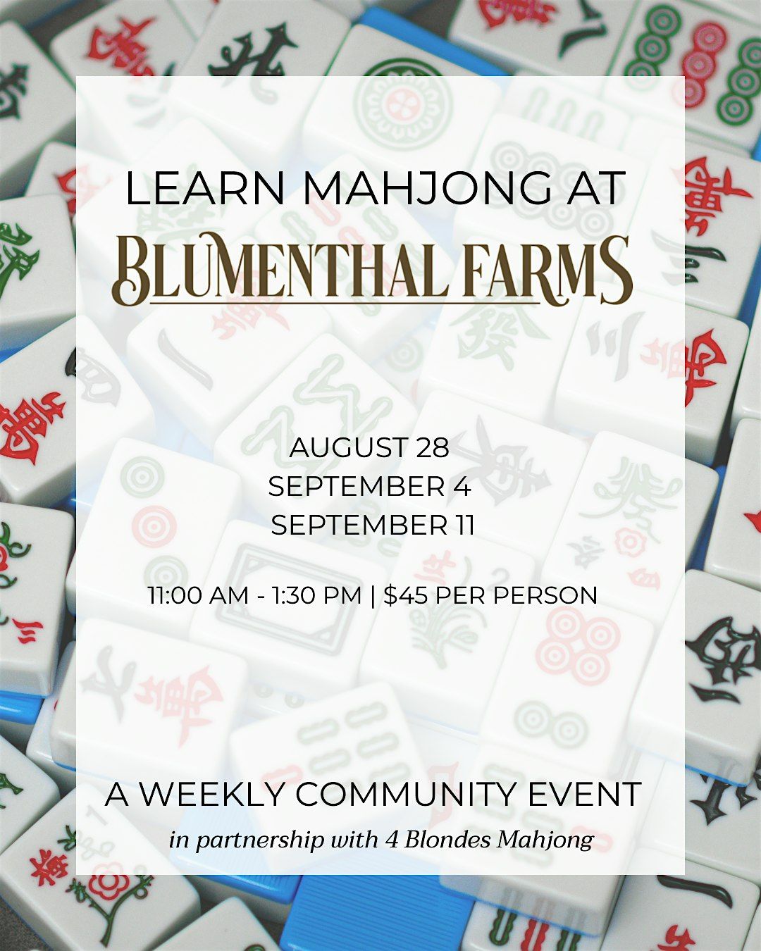 Learn Mahjong with Blumenthal Farms, 28 August | Event in Fredericksburg | AllEvents