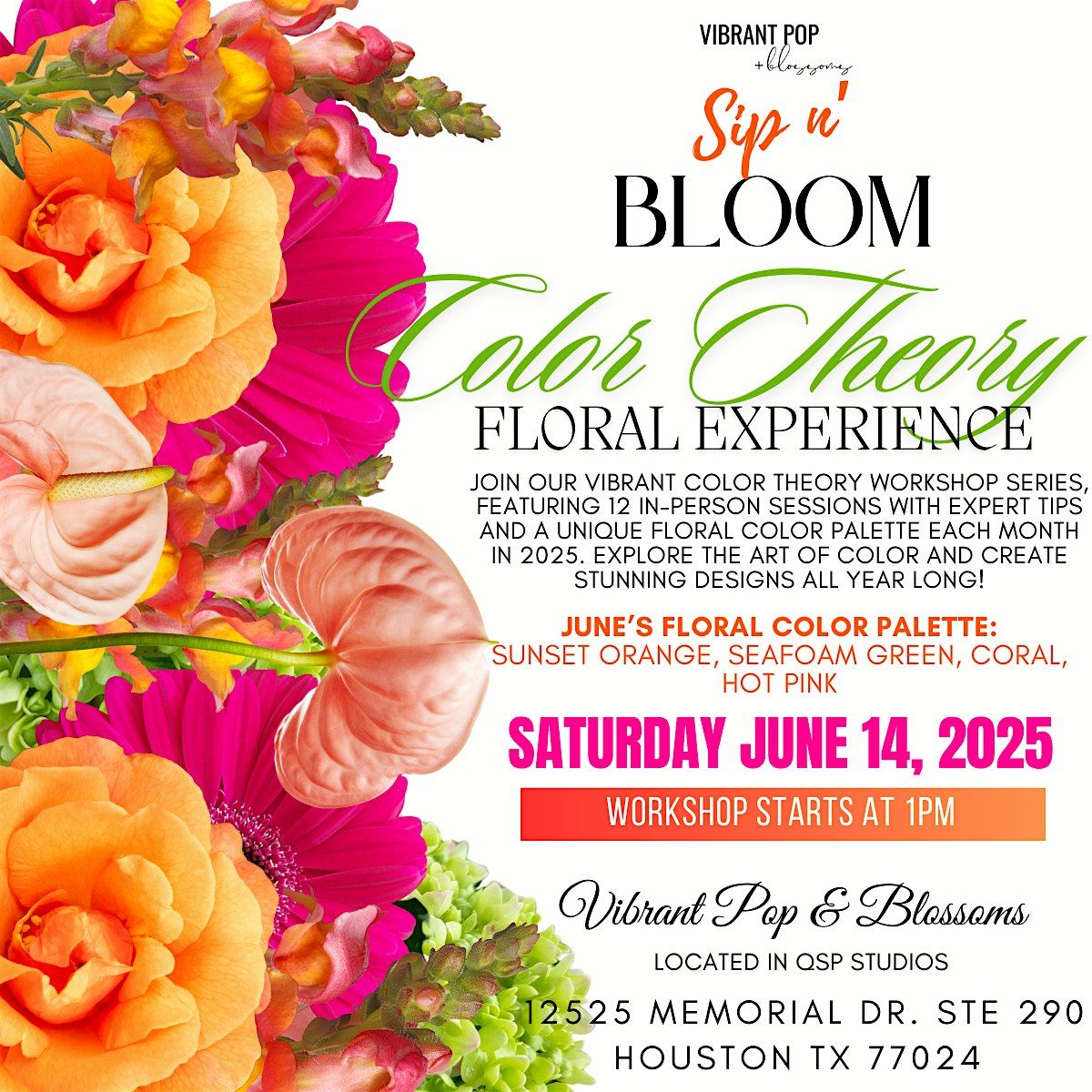 Vibrant Pop & Blossoms  *Sip n Bloom* Floral Workshop, 14 June | Event in Houston | AllEvents