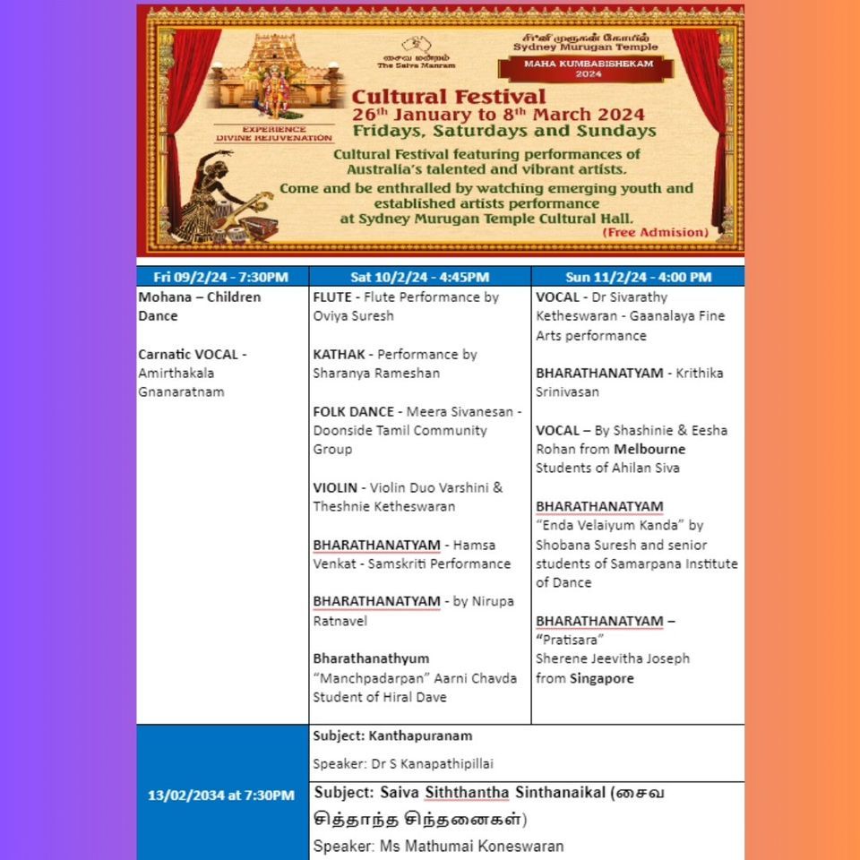 Week 3 Maha Kumbabishekam Cultural Festival 2024, Sydney Murugan Temple
