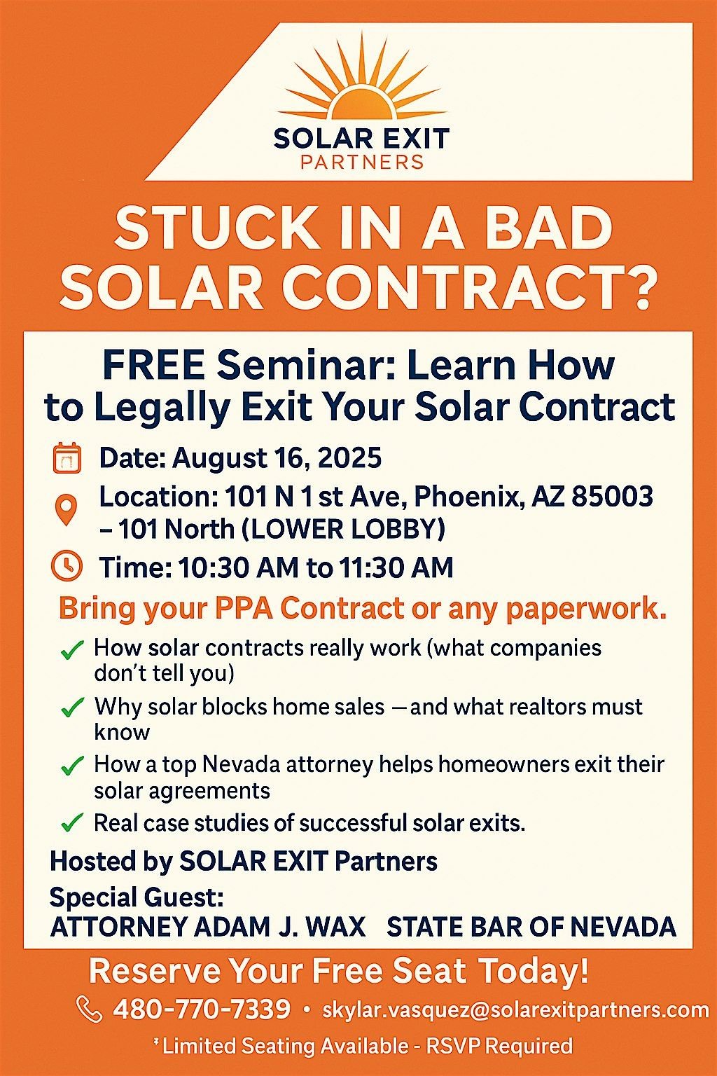 FREE EVENT EXIT YOUR SOLAR CONTRACT, 16 August | Event in Phoenix | AllEvents