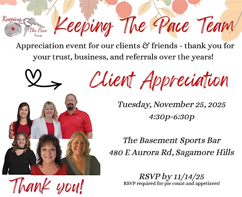 Keeping The Pace Team - Client Appreciation, 25 November | Event in Northfield | AllEvents