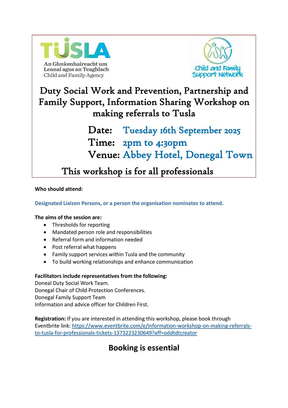 Information Workshop on Making Referrals to Tusla for Professionals, 16 September | Event in Donegal | AllEvents