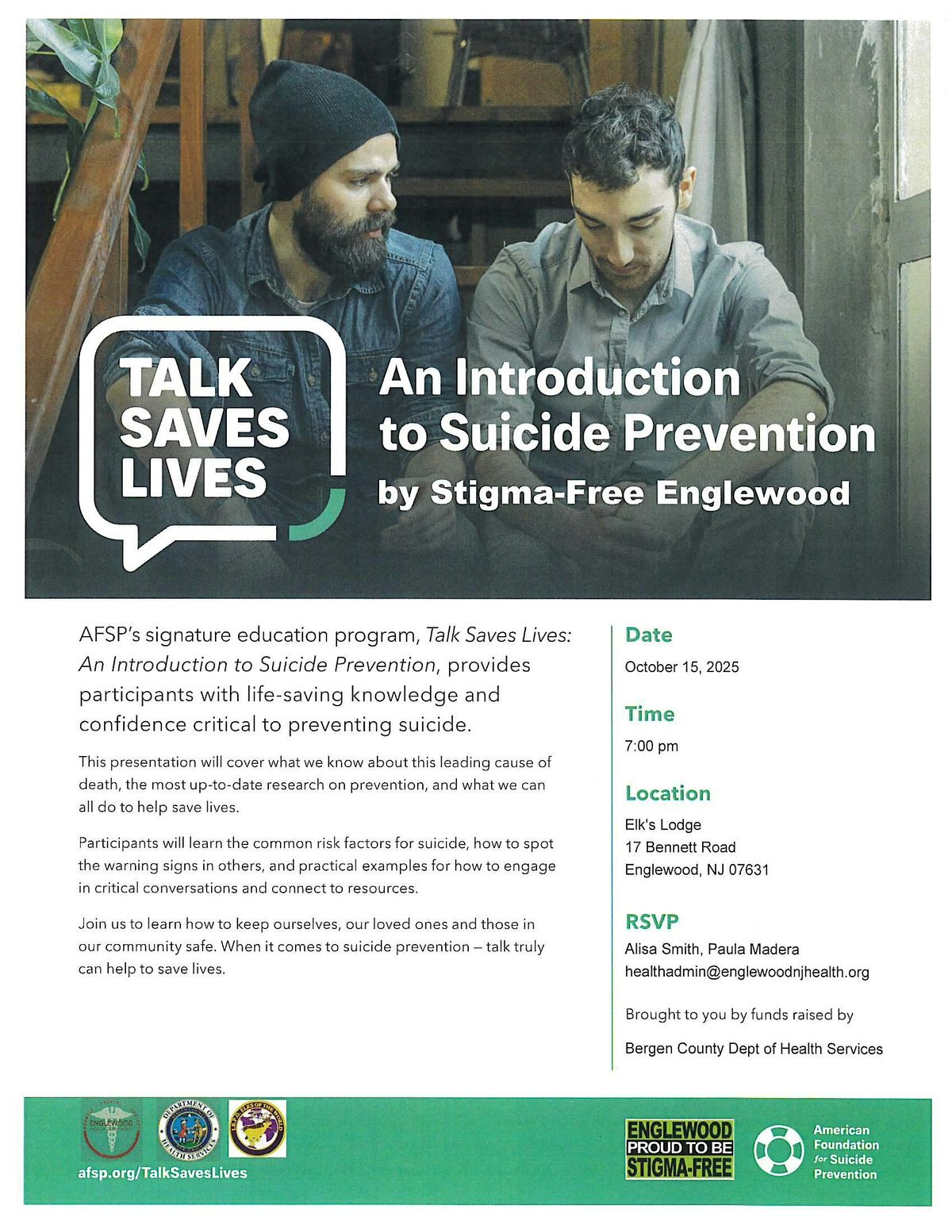 Suicide Prevention: Talk Saves Lives, 15 October | Event in Englewood | AllEvents