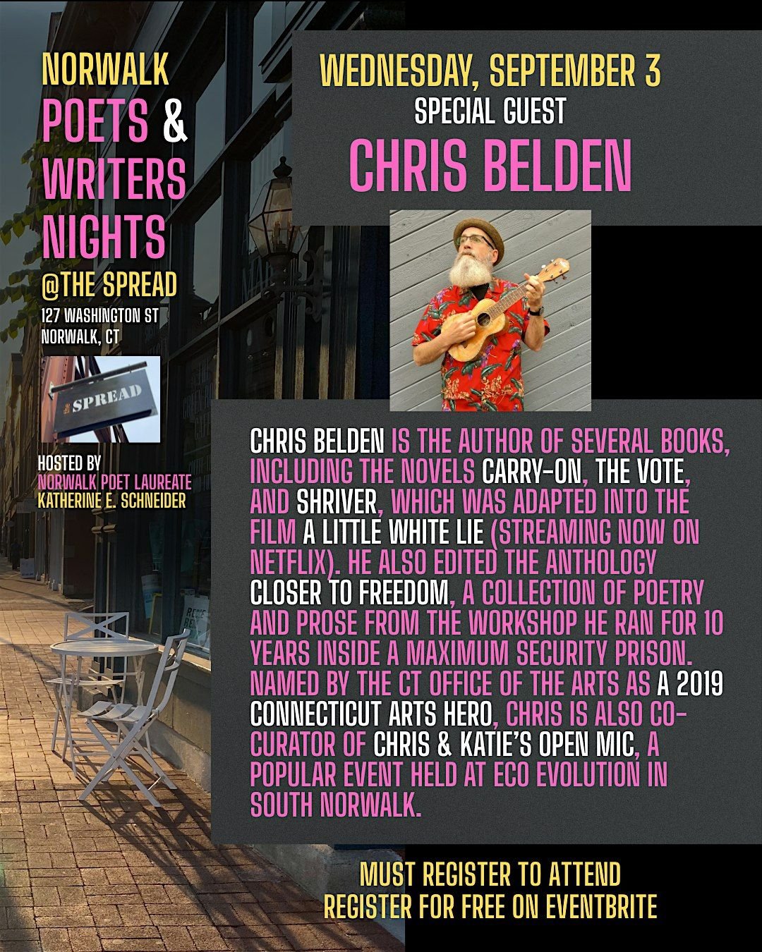 Norwalk Poets & Writers Night - Featuring Fiction Writer Chris Belden, 3 September | Event in Norwalk
