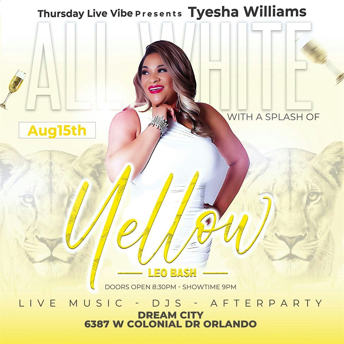 Tyesha Williams" ALL WHITE” W A Splash of Yellow Leo Bash, 14 August | Event in Orlando | AllEvents