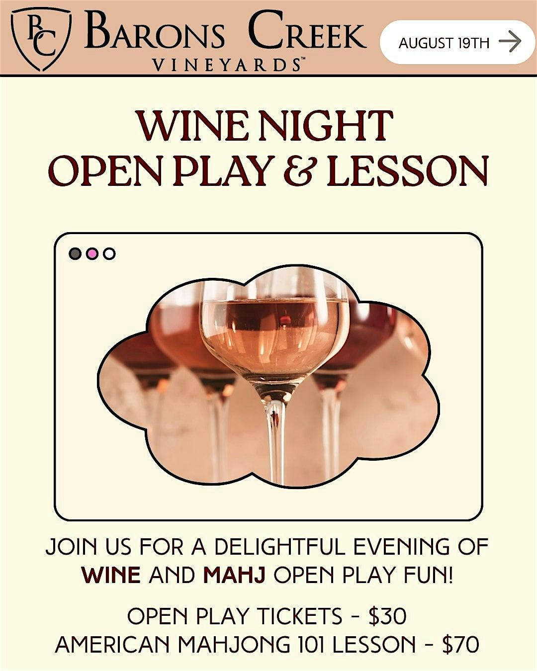 Wine & Mahj at Barons Creek Vineyard Tasting Room - Open Play, 19 August | Event in Dallas | AllEvents