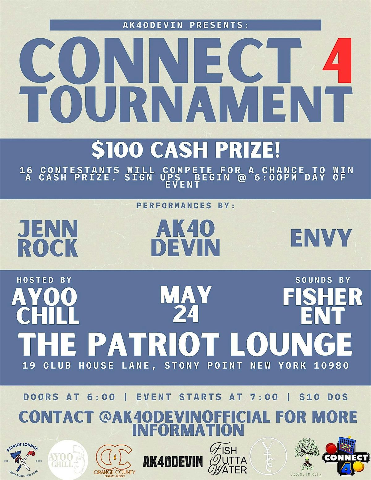 Ak40DEVIN Presents: CONNECT FOUR TOURNAMENT AT THE PATRIOT LOUNGE, 24 May | Event in Stony Point | AllEvents