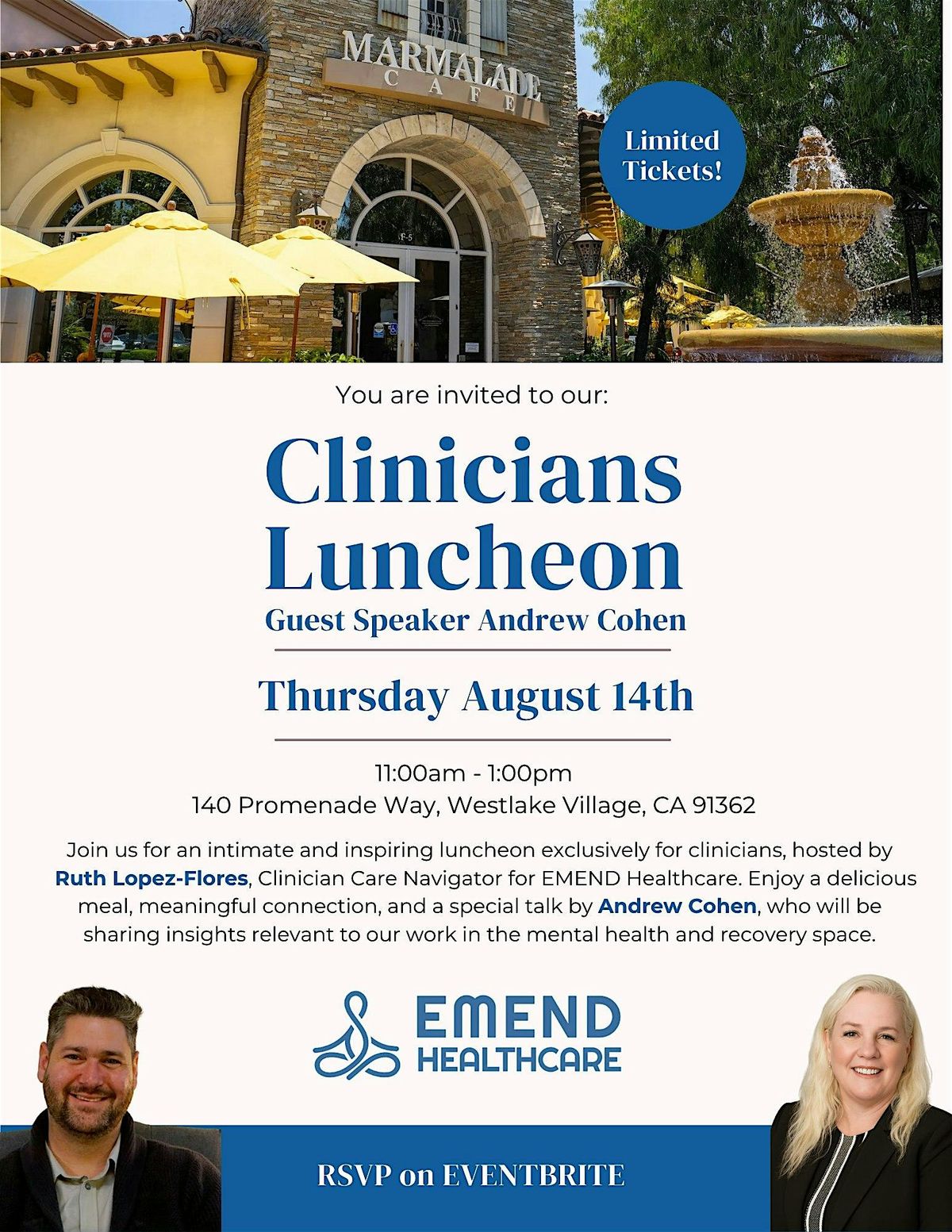 Clinician’s Luncheon Event Hosted by EMEND Healthcare, 14 August | Event in Westlake Village | AllEvents