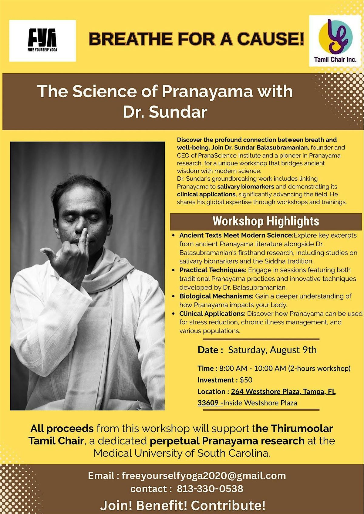 Breathe for a Cause!  The Science of Pranayama with Dr. Sundar, 9 August | Event in Tampa | AllEvents