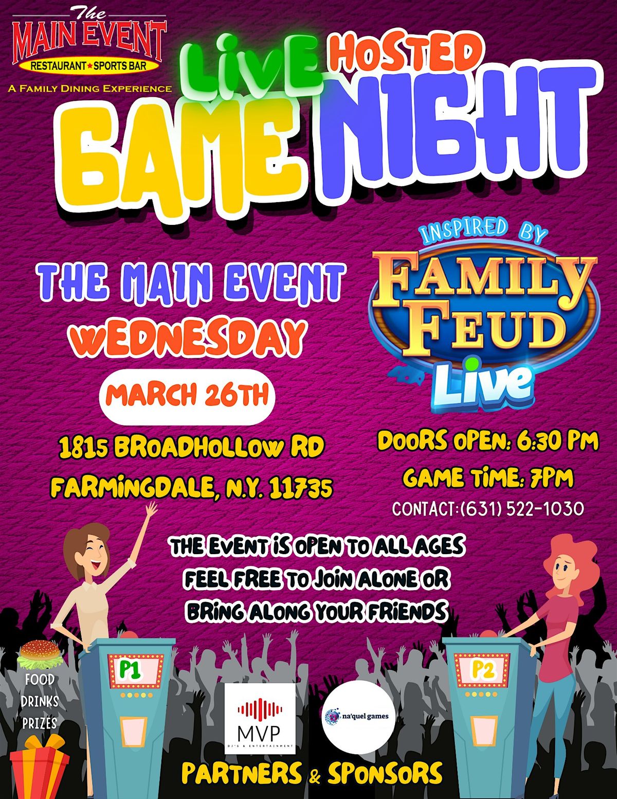Farmingdale's The Main Event Game Show Night hosted by Na'Quel, 20 August | Event in Farmingdale | AllEvents