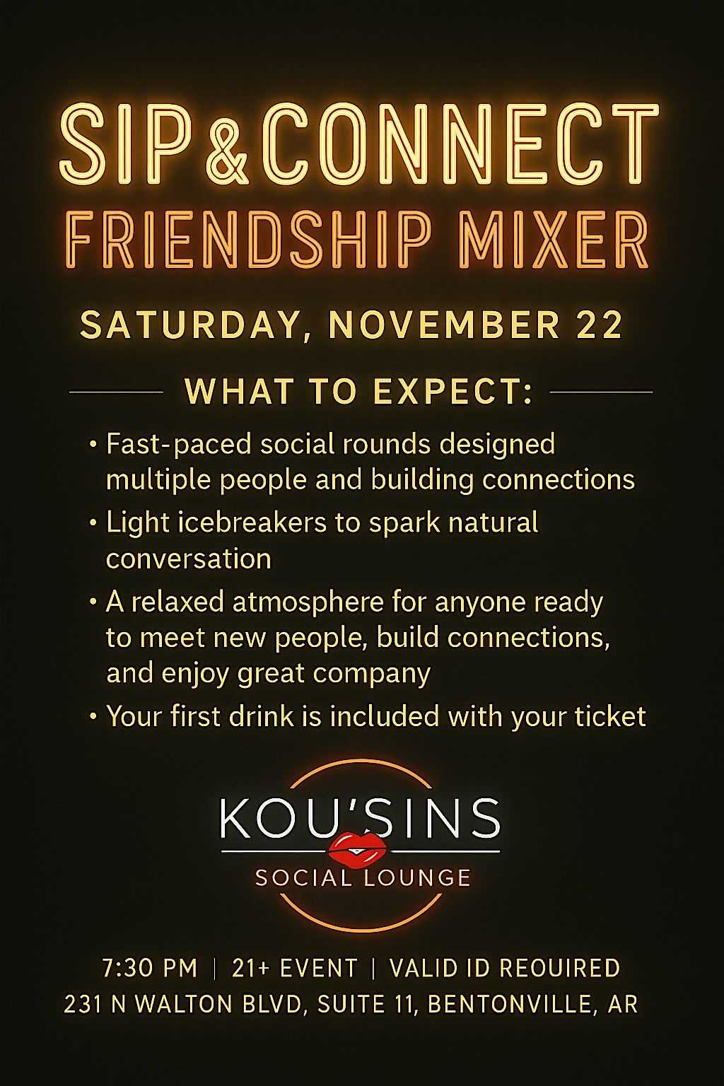 Sip & Connect (Friendship Mixer), 22 November | Event in Bentonville | AllEvents